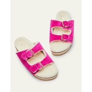 Boden Fuzzy Velvet Cosy Slides Sandals Hot Pink Adjustable Buckle 40 8.5‎ Sherpa